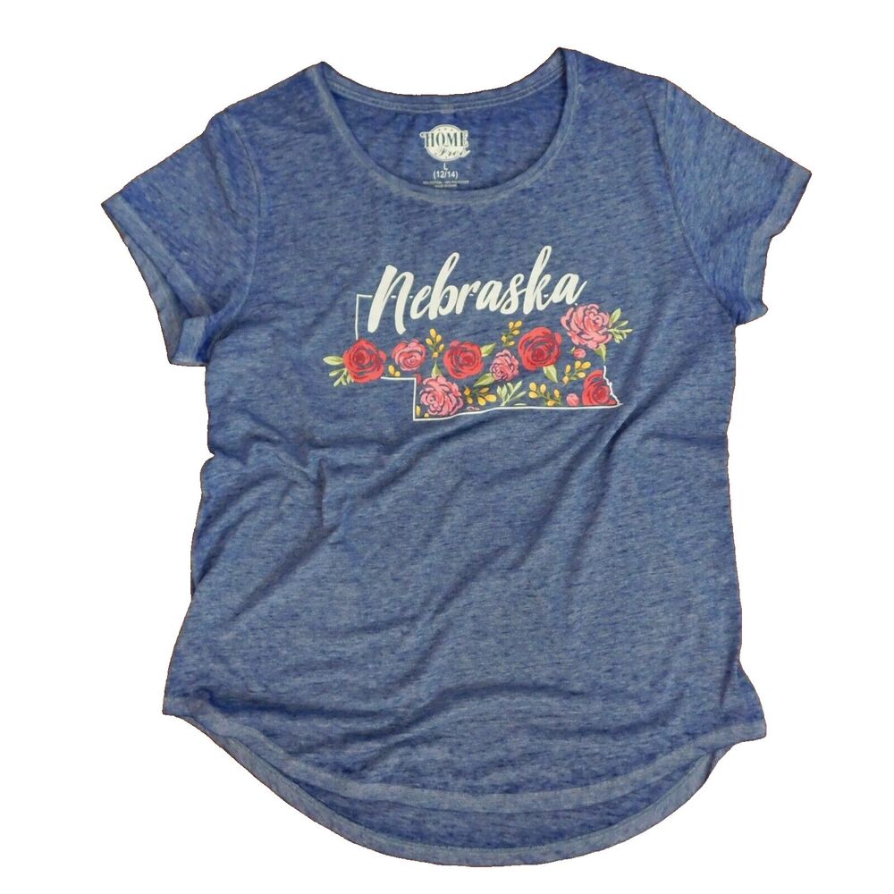 Nebraska State T-shirt Top Burn-Out Violet-Blue Floral Home Free Large S/S EUC!